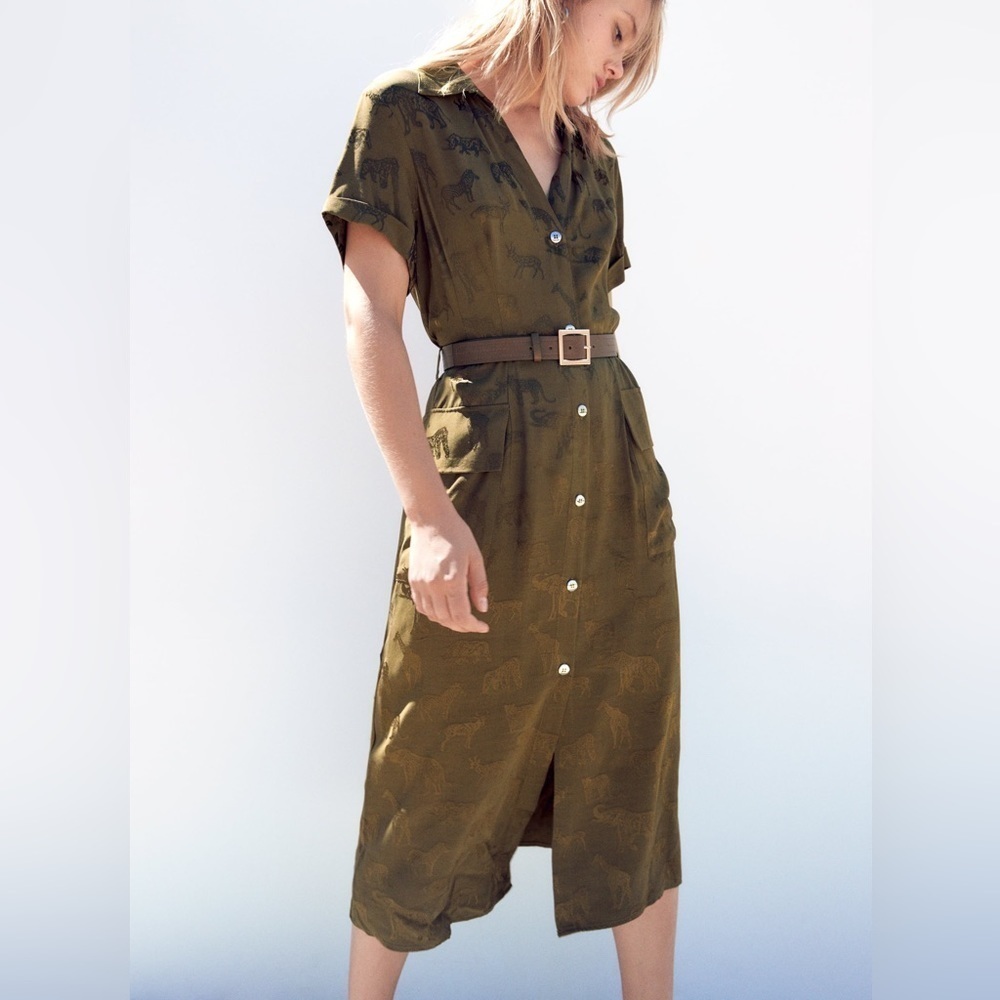 Zara Safari Midi Shirt Dress Size XL Animal Print Satin Button Up  Short Sleeve